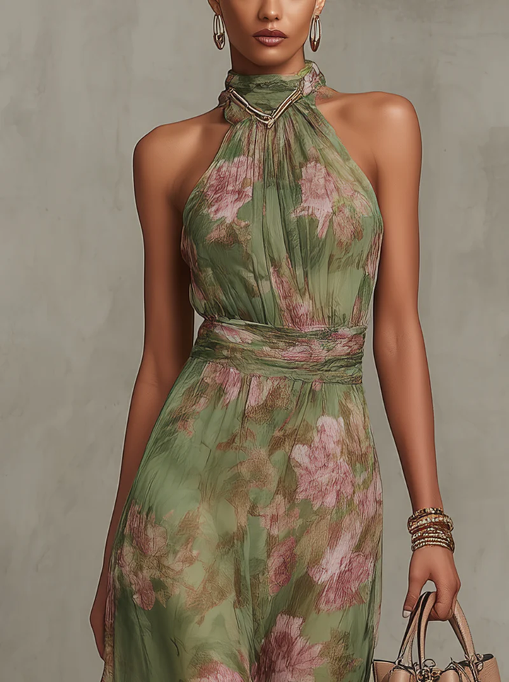 Floriane™ | Long Floral Halter Neck Dress