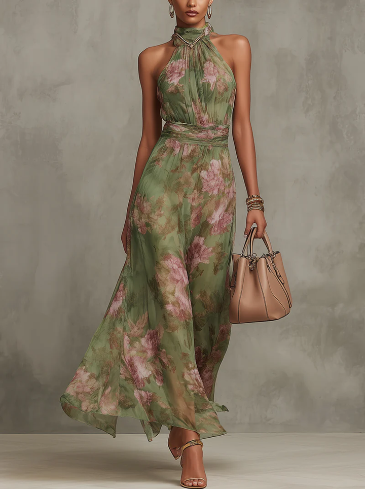 Floriane™ | Long Floral Halter Neck Dress