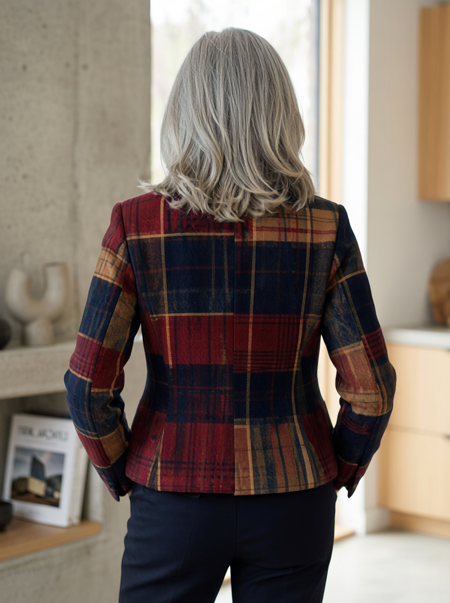 Natalie – Mid-Season Plaid Coat Featuring a Stand Collar